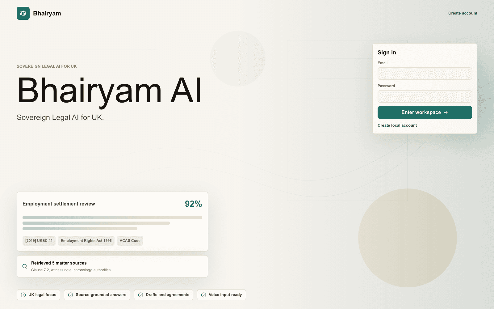 Bhairyam AI sovereign legal AI sign-in landing page screenshot