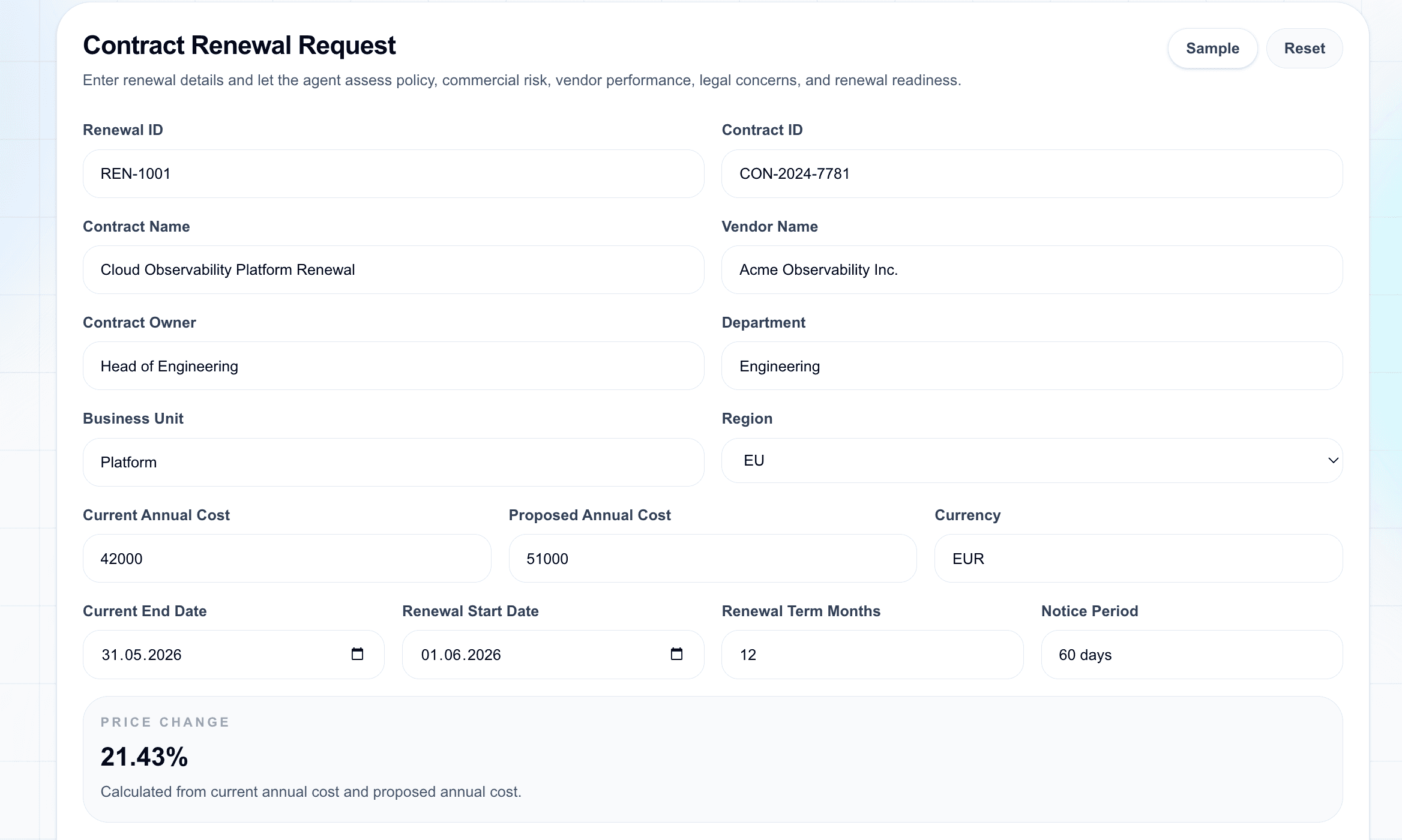 Contract renewal request form top section