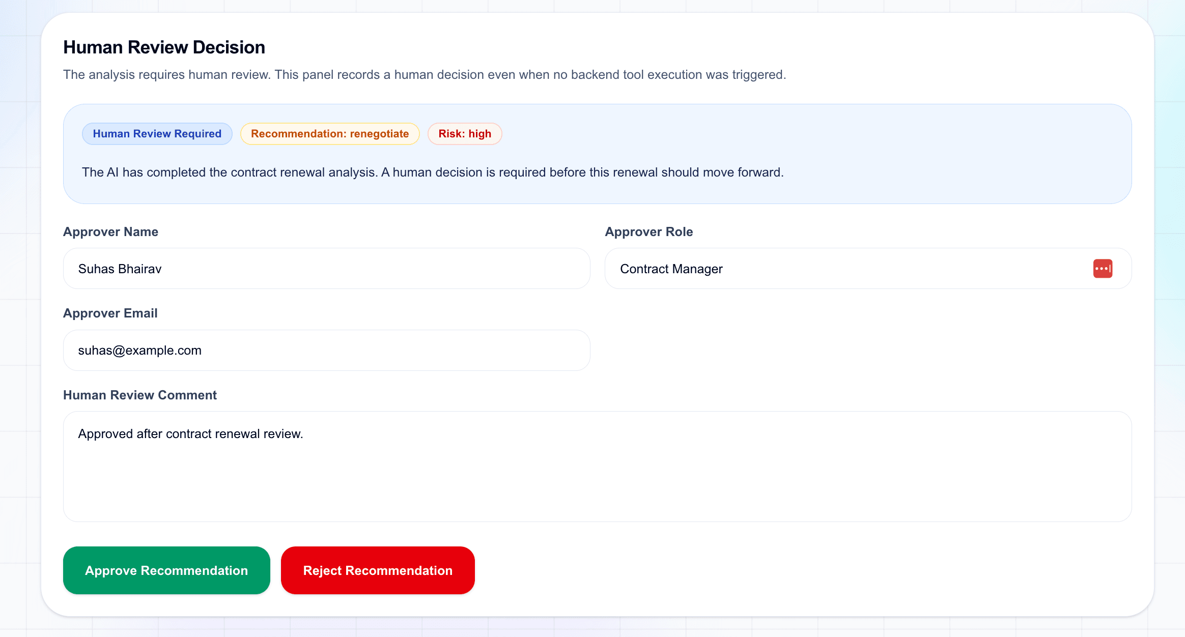 Human review decision panel for contract renewal agent