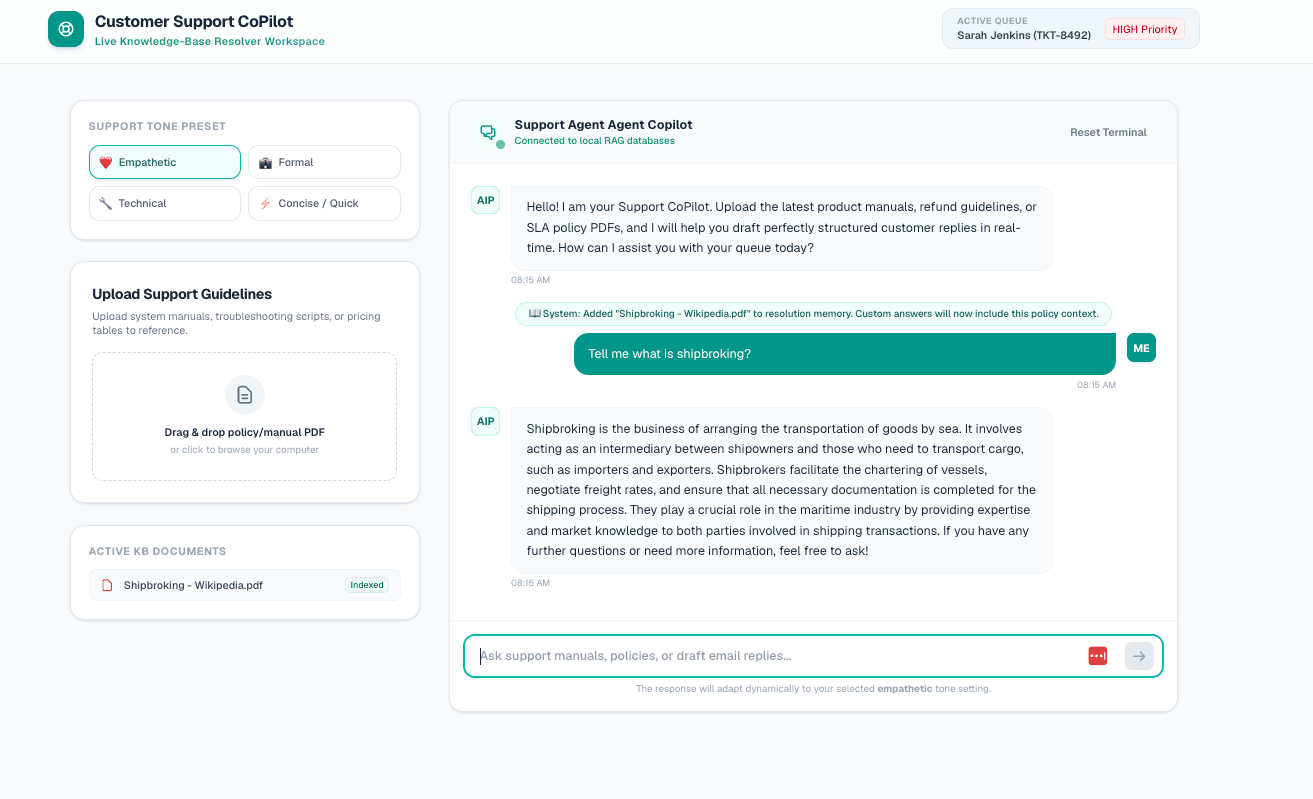 Enterprise Customer Support AI CoPilot dashboard showcasing secure knowledge ingestion, active customer metadata tracking, and multi-tone compliance drafting