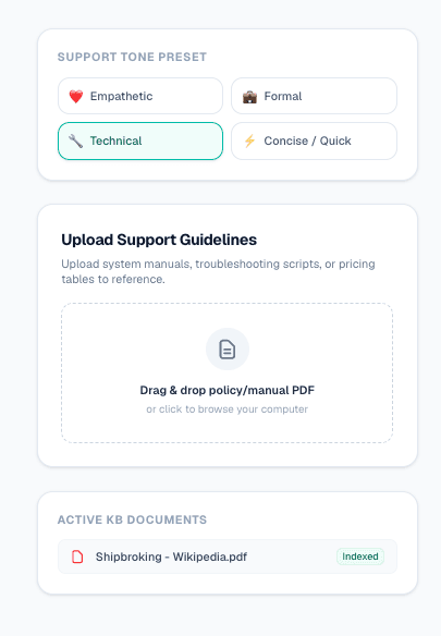 Customer Support AI CoPilot file upload interface for manual ingestion