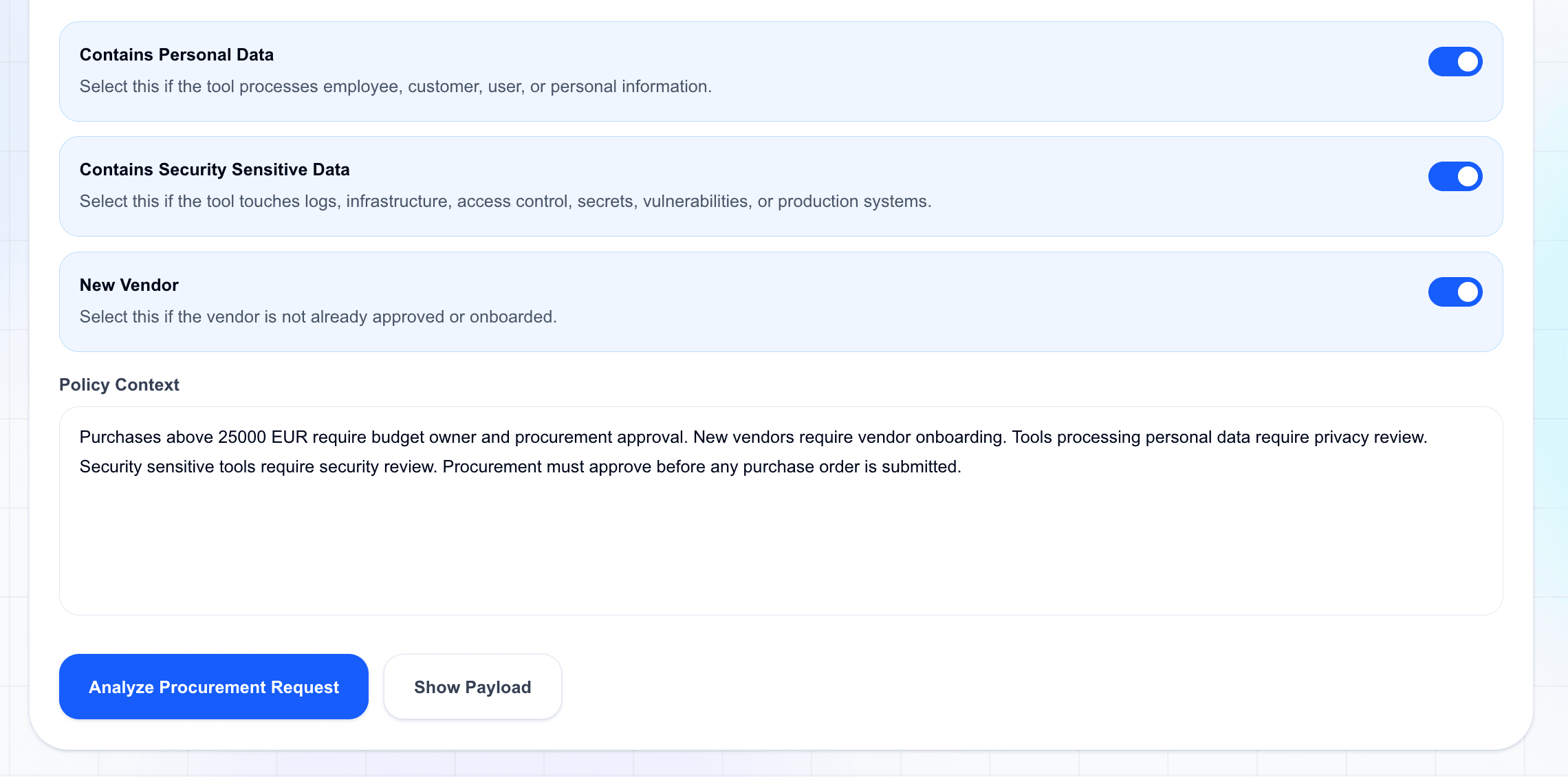 Procurement request form bottom section with policy context and risk toggles