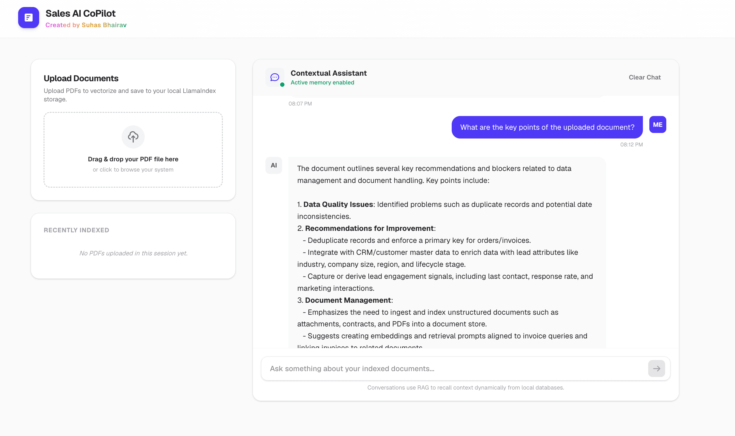 Enterprise Sales AI CoPilot dashboard showcasing secure PDF ingestion, indexed sales collateral, and intelligent RAG chat for revenue teams