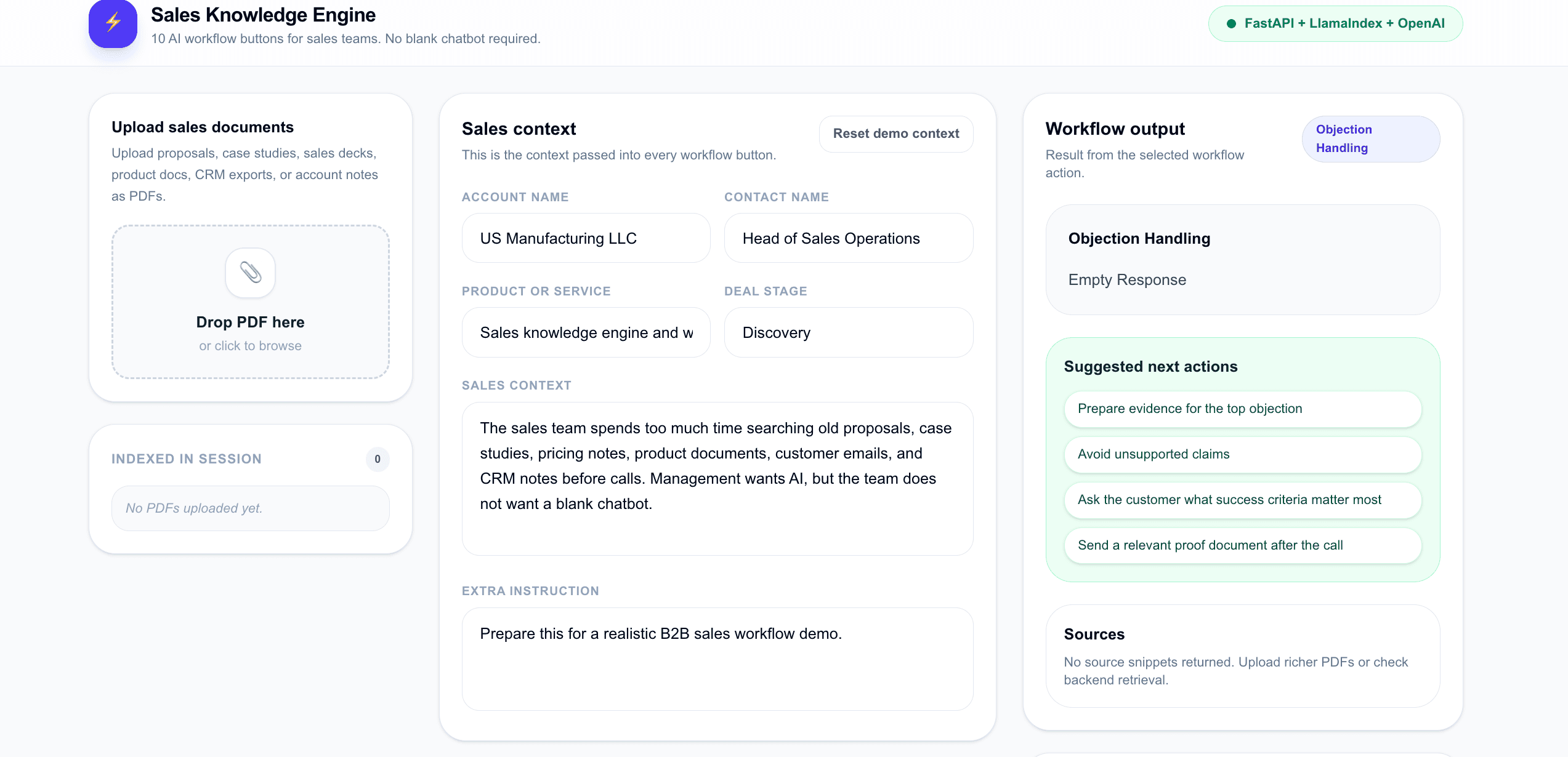Sales Knowledge Engine dashboard showing sales document upload, sales context fields, 10 workflow buttons, workflow output, suggested next actions, and fallback chat